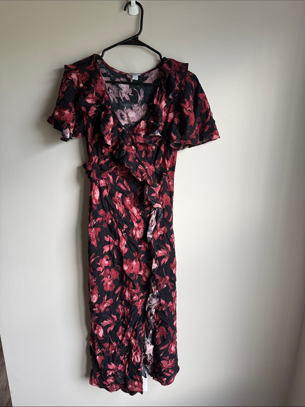 a new day Black Midi Dress with Red Floral Print and Ruffle Trim